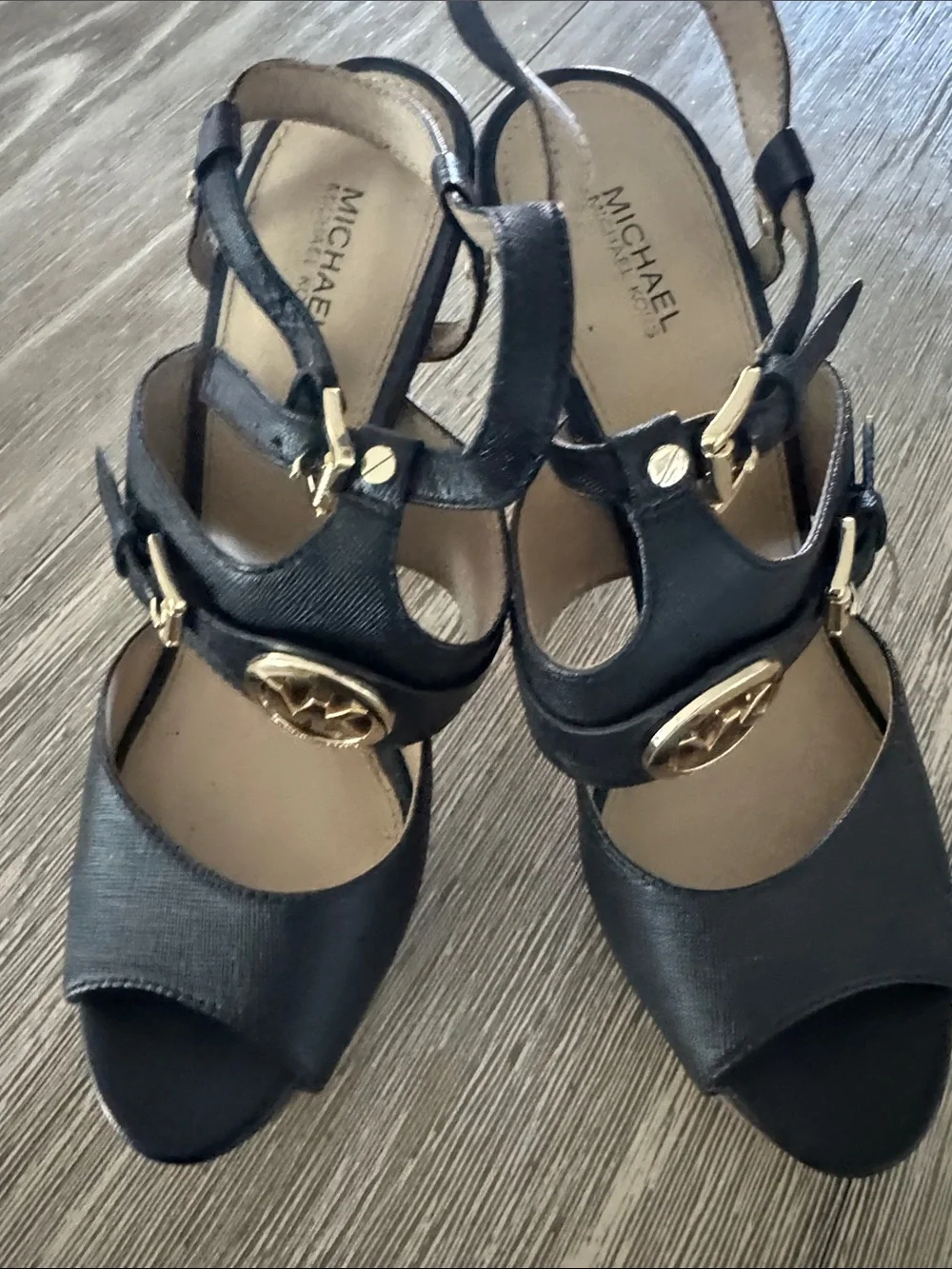 Michael Kors Black Open-Toe T-Strap Heels with Gold Hardware